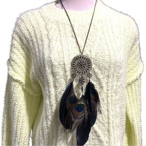 Boho Western Bronzed Dream Catcher Pendant Necklace Chandelier Peacock Feathers